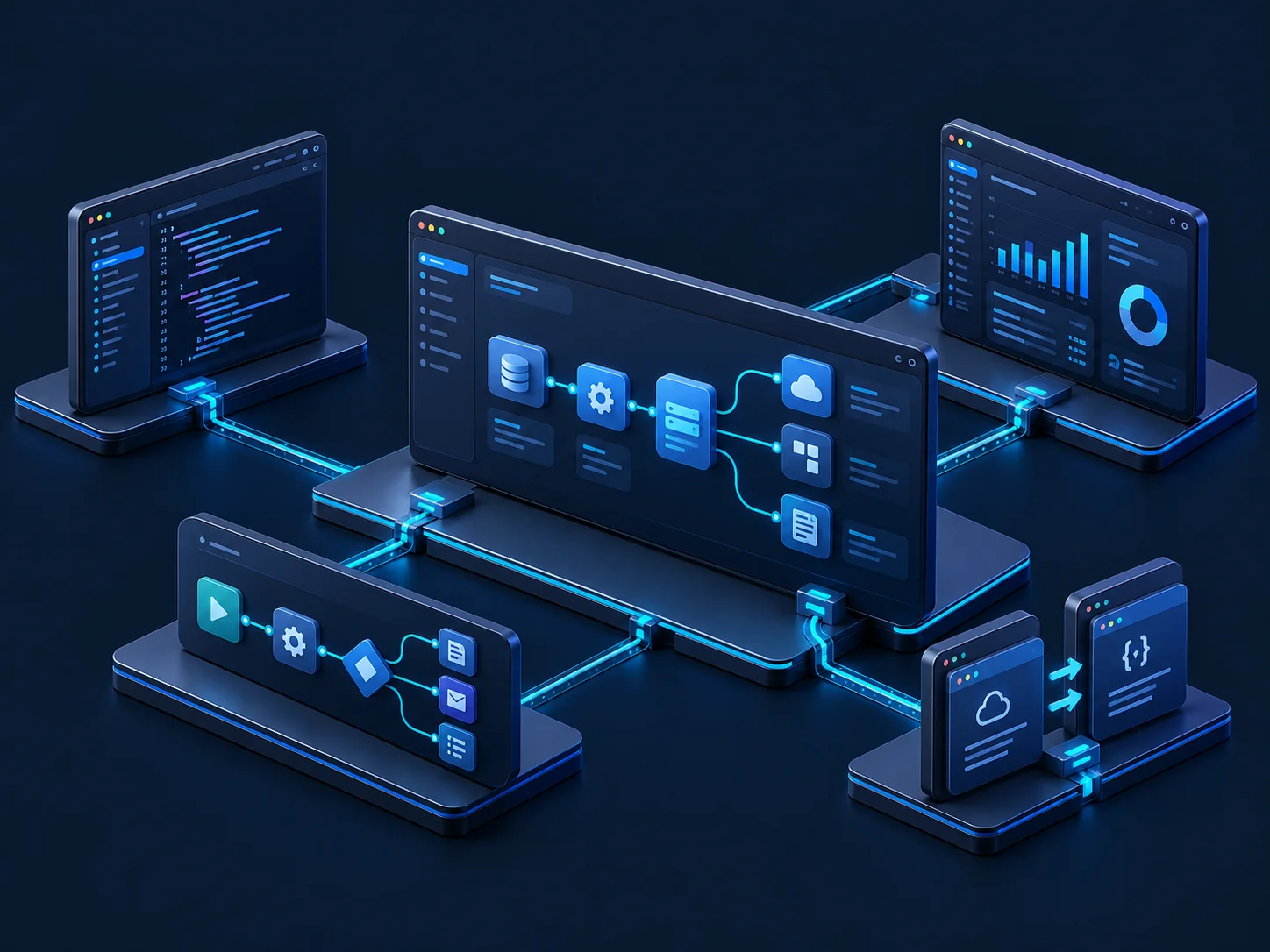 Ilustração 3D de interfaces de software, automação, dados e sistemas conectados.